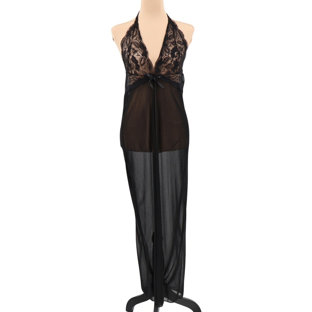 Sheer Lace Halter Nightgown Lingerie Womens Size M Black Mesh Maxi Front Slit